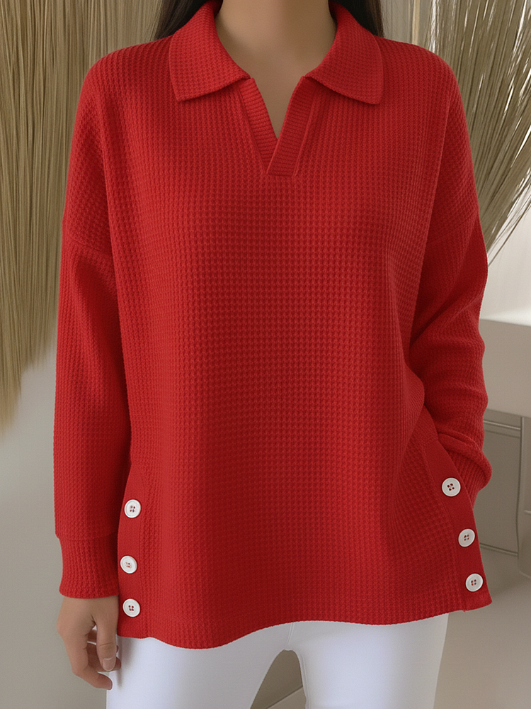 Casual Polo Neck Side Slit Button Waffle Pullover Top