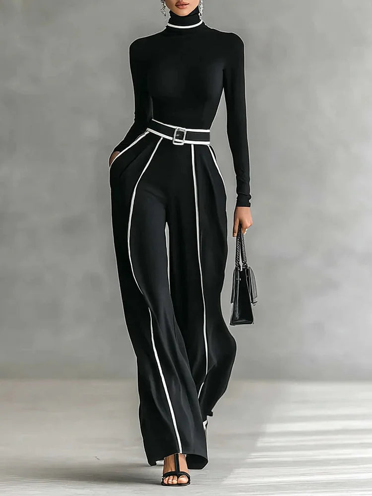 Women’s Set with Turtleneck Top, Wide-Leg Pants and Belt