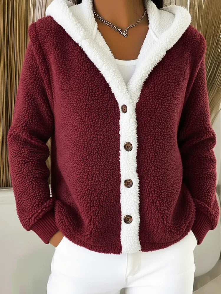 Casual lambswool warm colorblock hooded coat with buttons