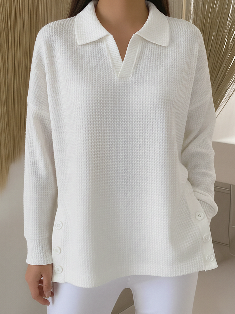 Casual Polo Neck Side Slit Button Waffle Pullover Top
