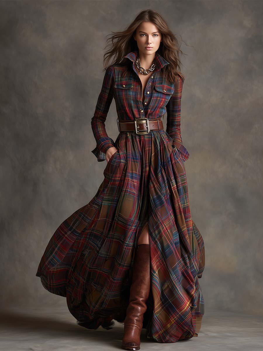 Giulia – Retro Ethnic-Style Long Dress in Reddish-Brown Plaid with Lapels