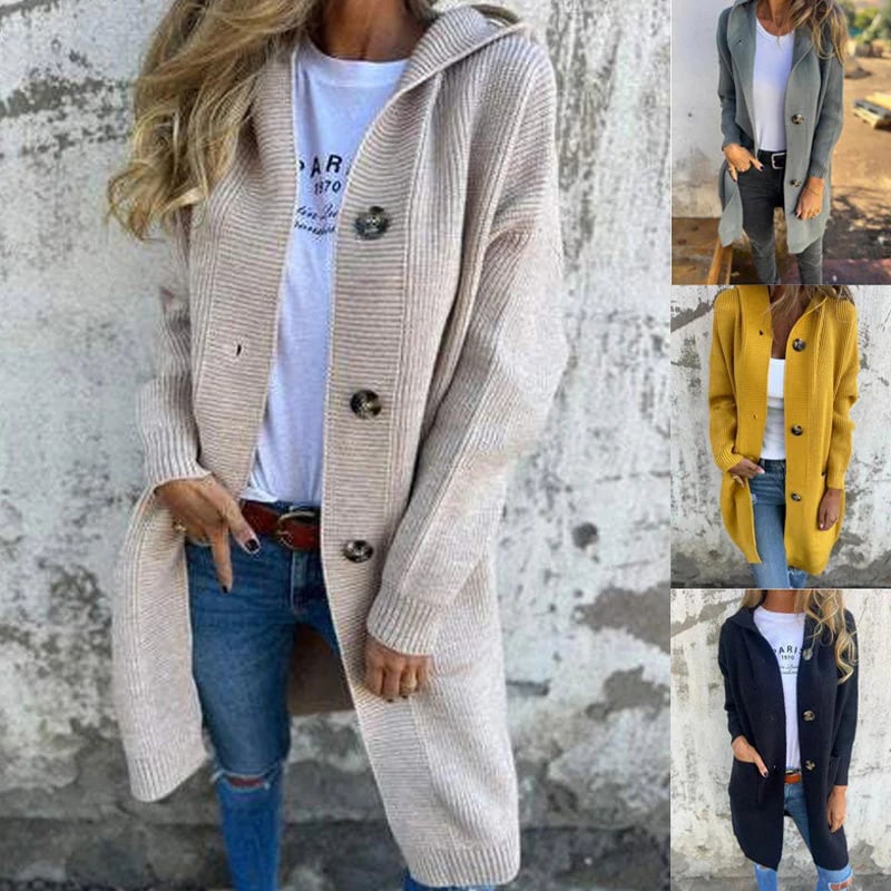 Button-down cardigan with hood for women