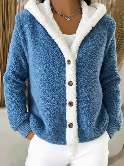 Casual lambswool warm colorblock hooded coat with buttons