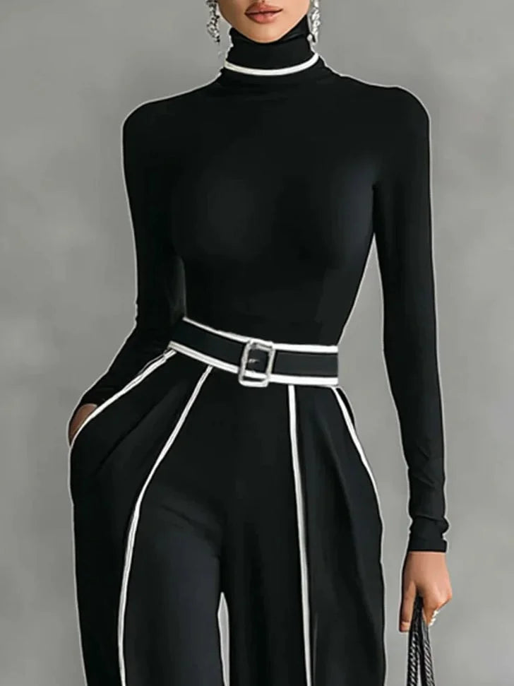 Women’s Set with Turtleneck Top, Wide-Leg Pants and Belt