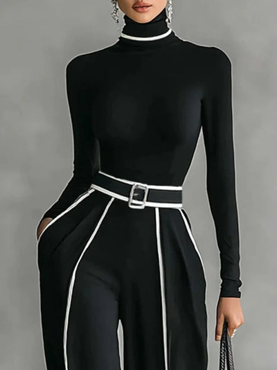 Women’s Set with Turtleneck Top, Wide-Leg Pants and Belt