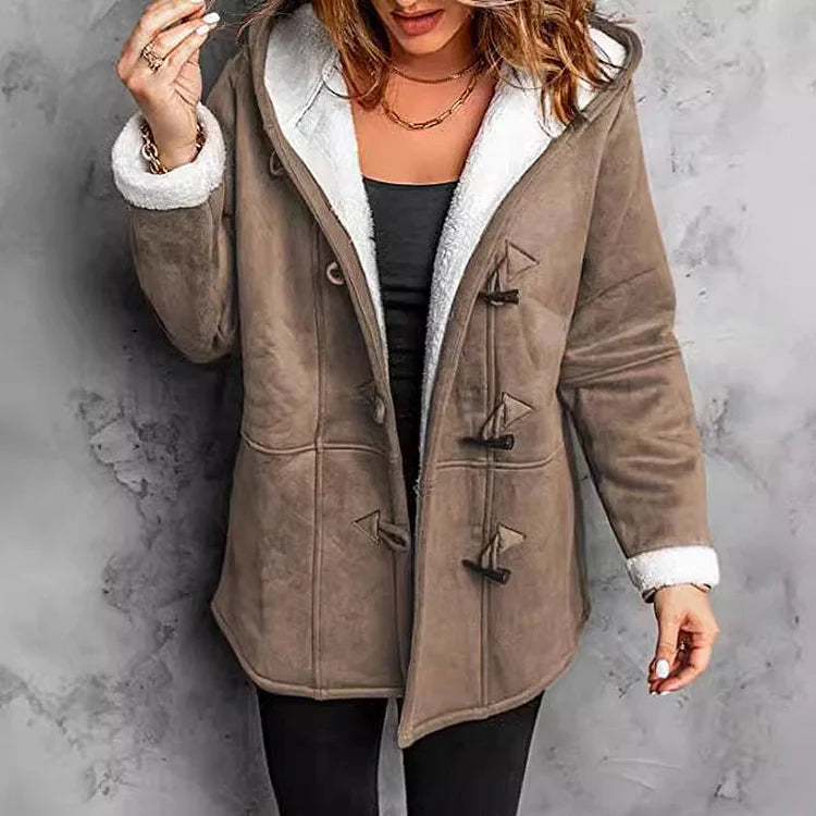 Women’s suede coat with hood and plush lining