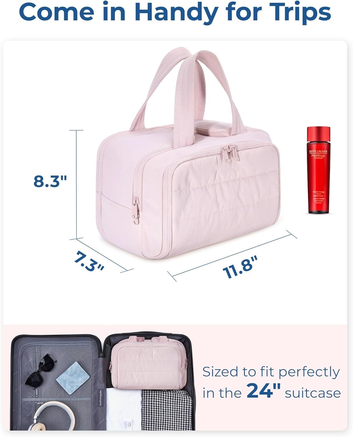 Extra wide travel cosmetic bag