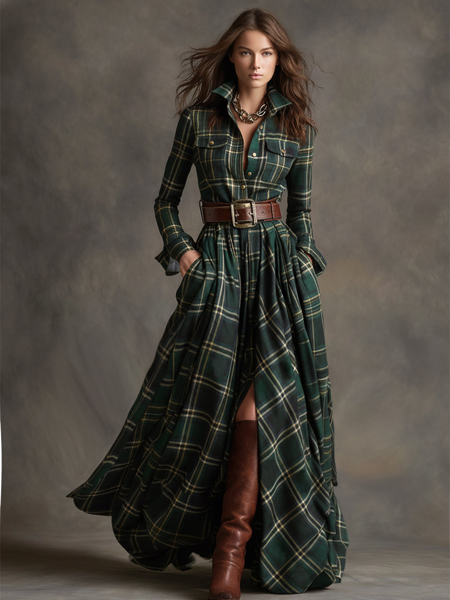 Giulia – Retro Ethnic-Style Long Dress in Reddish-Brown Plaid with Lapels