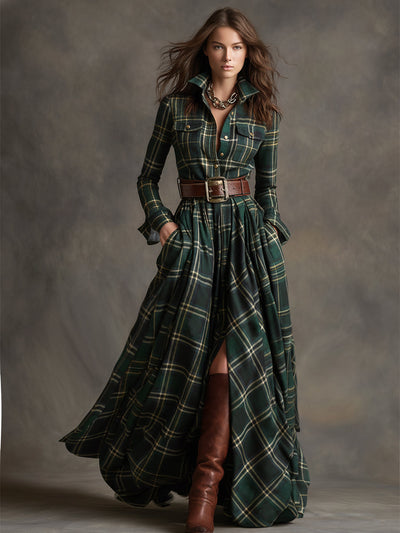 Giulia – Retro Ethnic-Style Long Dress in Reddish-Brown Plaid with Lapels