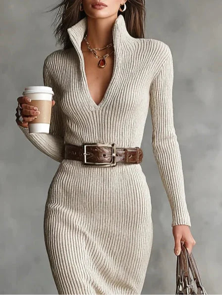 Slim Fit Half Turtleneck V-Neck Long Sleeve Knitted Midi Dress with Belt