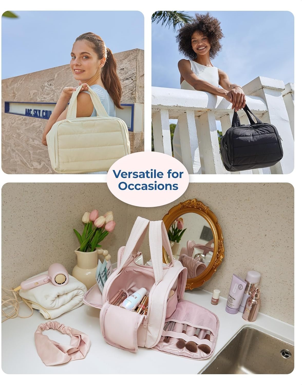 Extra wide travel cosmetic bag