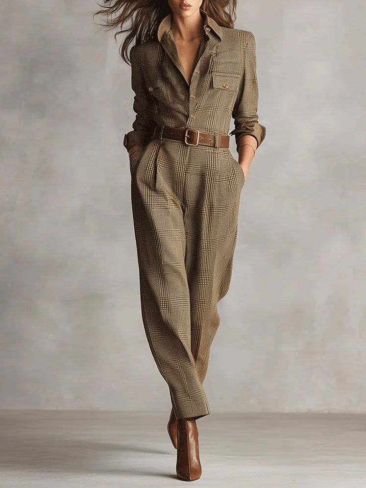 Alessia – Brown tweed utility jumpsuit with an elegant pattern