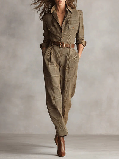Alessia – Brown tweed utility jumpsuit with an elegant pattern