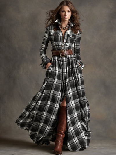Giulia – Retro Ethnic-Style Long Dress in Reddish-Brown Plaid with Lapels