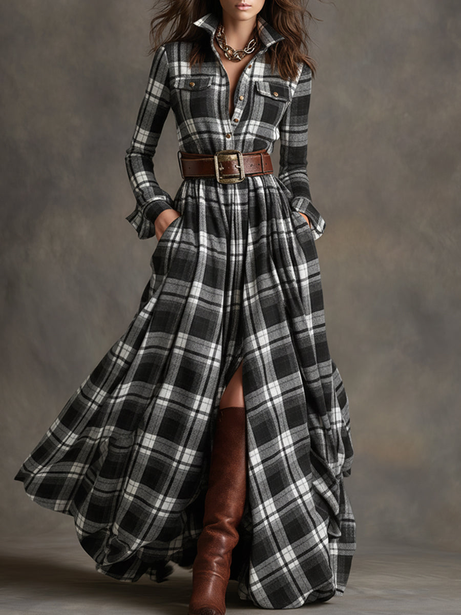 Giulia – Retro Ethnic-Style Long Dress in Reddish-Brown Plaid with Lapels