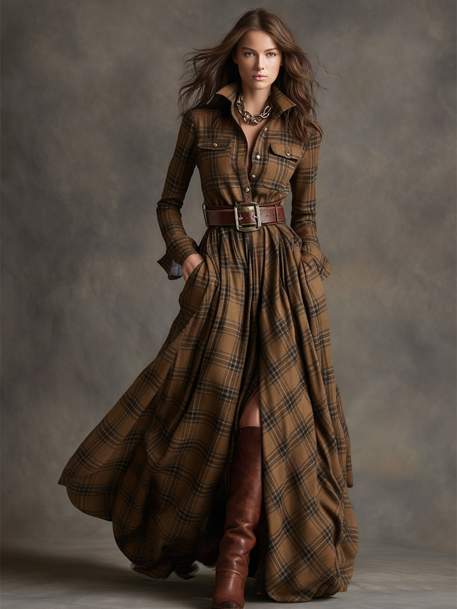 Giulia – Retro Ethnic-Style Long Dress in Reddish-Brown Plaid with Lapels