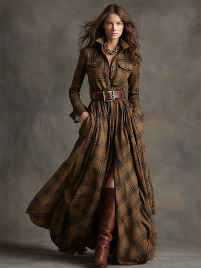 Giulia – Retro Ethnic-Style Long Dress in Reddish-Brown Plaid with Lapels