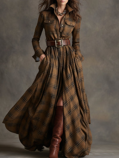 Giulia – Retro Ethnic-Style Long Dress in Reddish-Brown Plaid with Lapels
