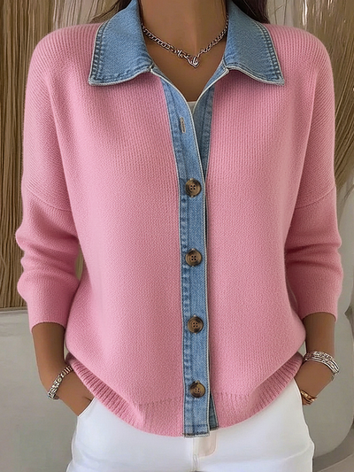 Knitted cardigan with polo collar and denim patches, with buttons