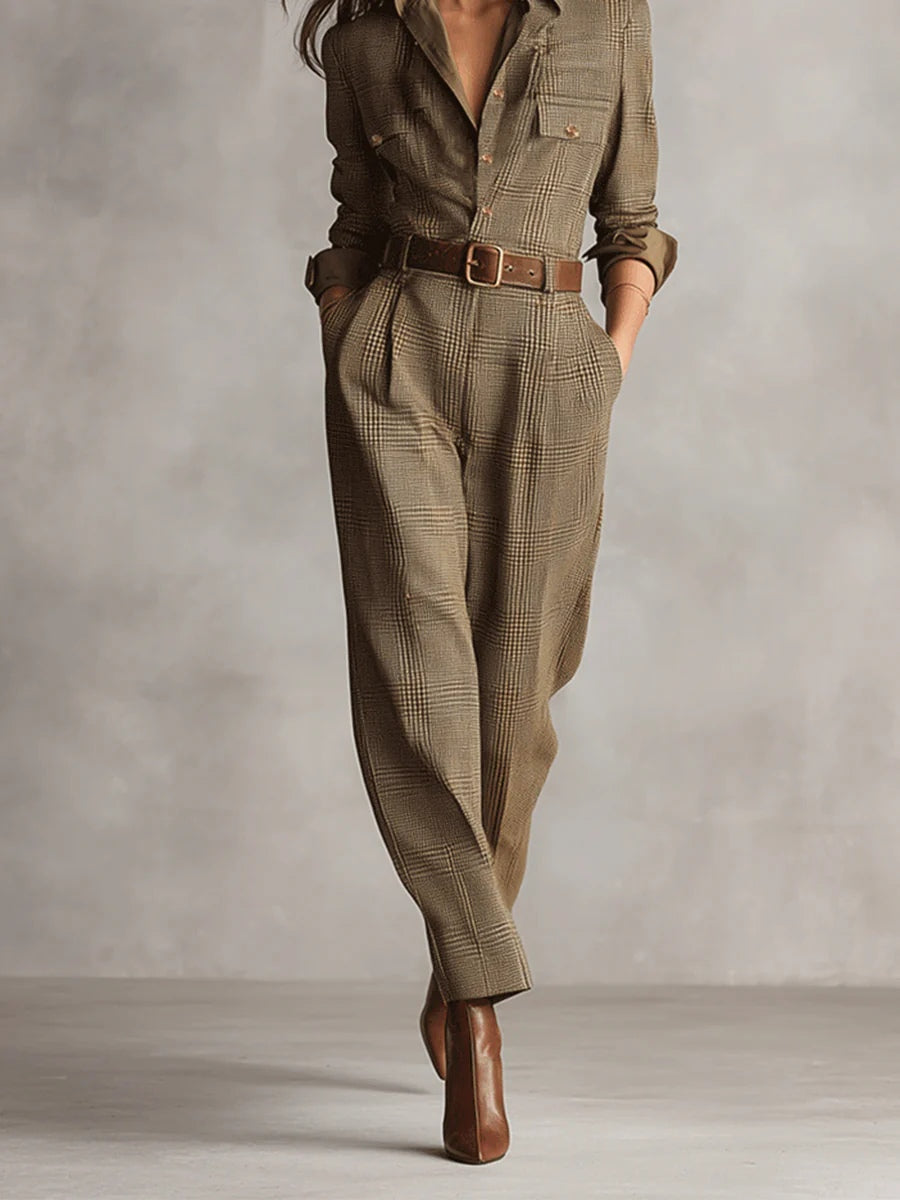 Alessia – Brown tweed utility jumpsuit with an elegant pattern