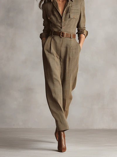 Alessia – Brown tweed utility jumpsuit with an elegant pattern