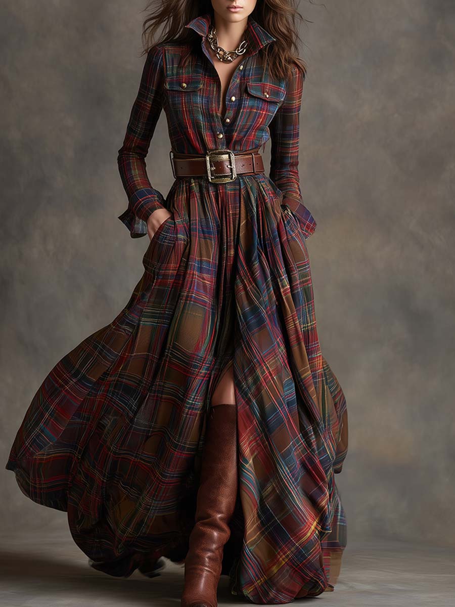 Giulia – Retro Ethnic-Style Long Dress in Reddish-Brown Plaid with Lapels
