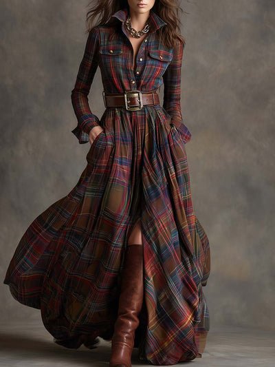 Giulia – Retro Ethnic-Style Long Dress in Reddish-Brown Plaid with Lapels