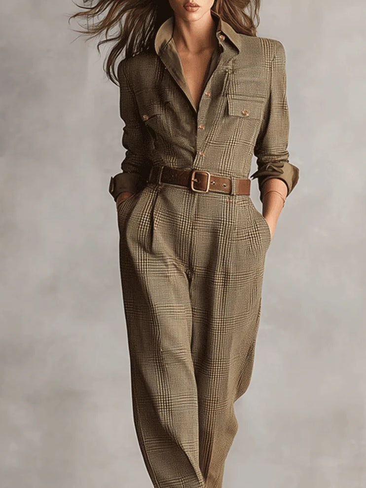 Alessia – Brown tweed utility jumpsuit with an elegant pattern