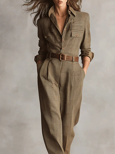 Alessia – Brown tweed utility jumpsuit with an elegant pattern