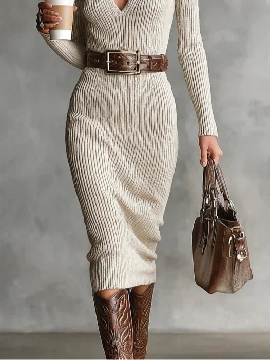 Slim Fit Half Turtleneck V-Neck Long Sleeve Knitted Midi Dress with Belt