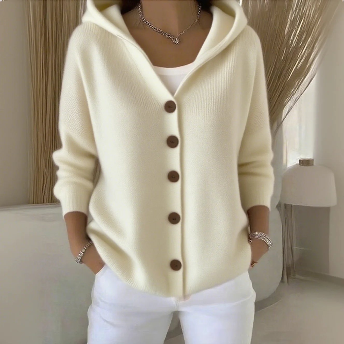 Women Cotton Plain Long Sleeve Comfy Casual Cardigan