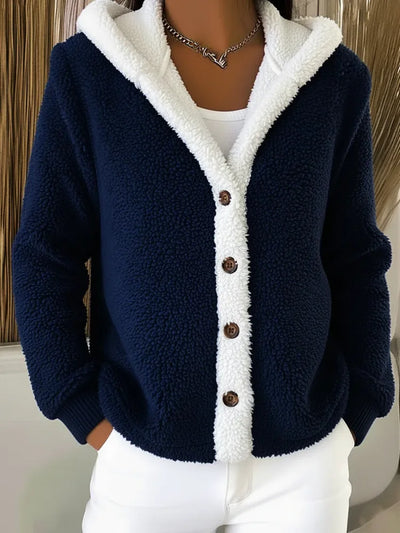 Casual lambswool warm colorblock hooded coat with buttons