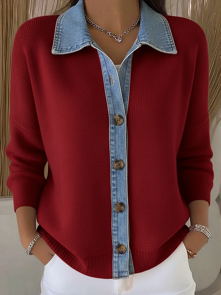 Knitted cardigan with polo collar and denim patches, with buttons