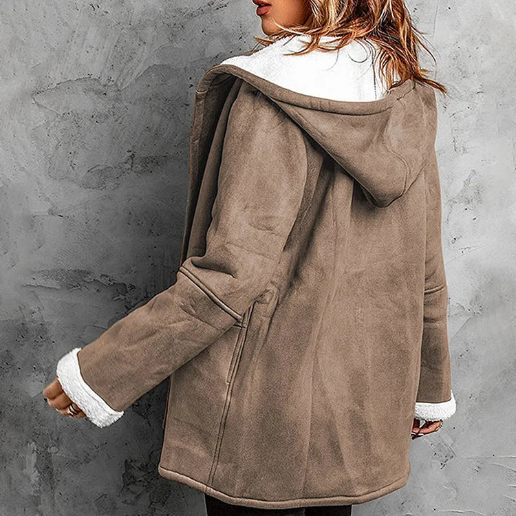 Women’s suede coat with hood and plush lining