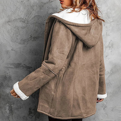 Women’s suede coat with hood and plush lining