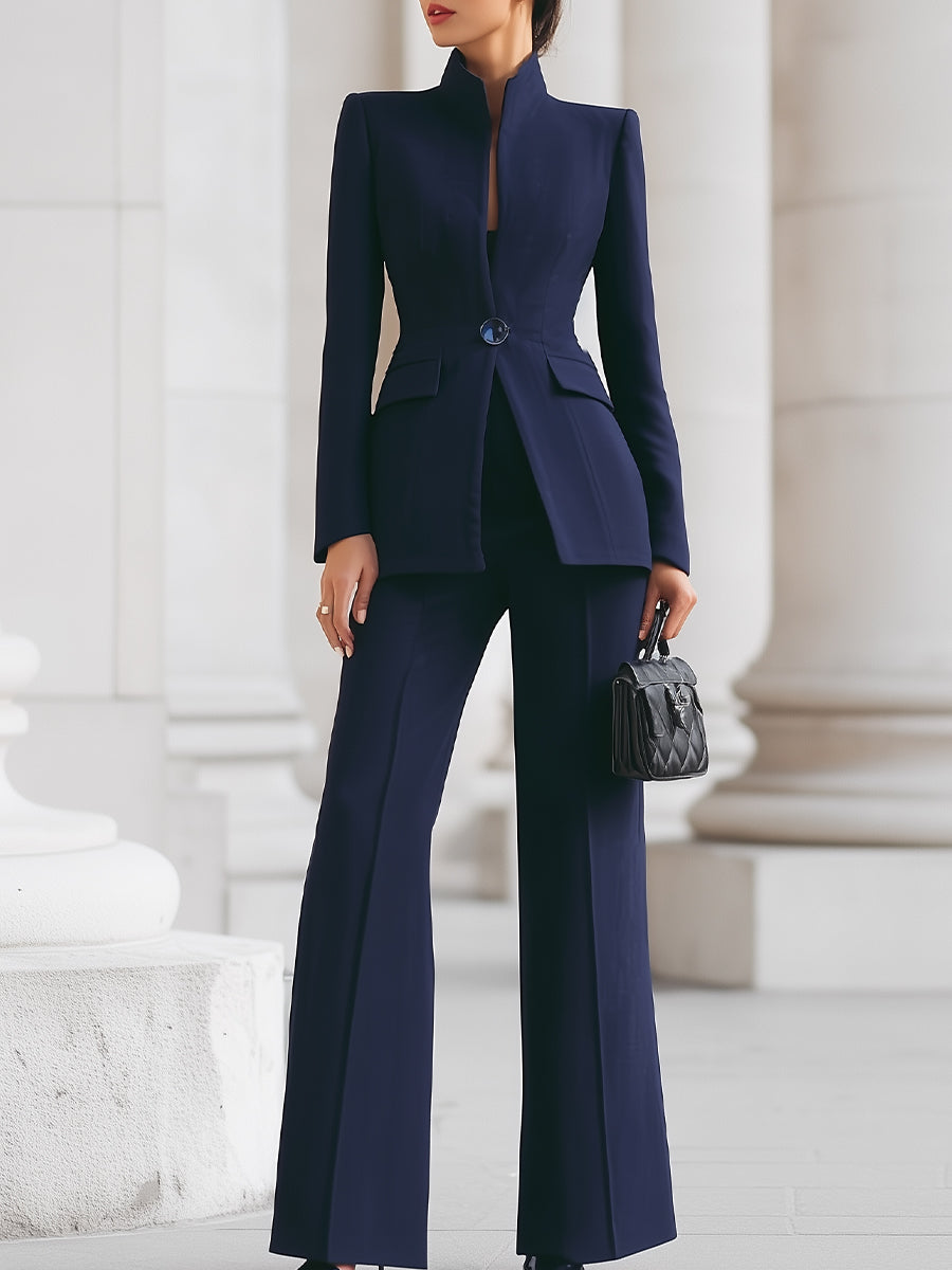 Navy Blue Set with High-Collar Blazer and Wide-Leg Pants