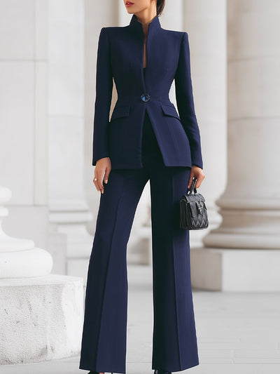 Navy Blue Set with High-Collar Blazer and Wide-Leg Pants
