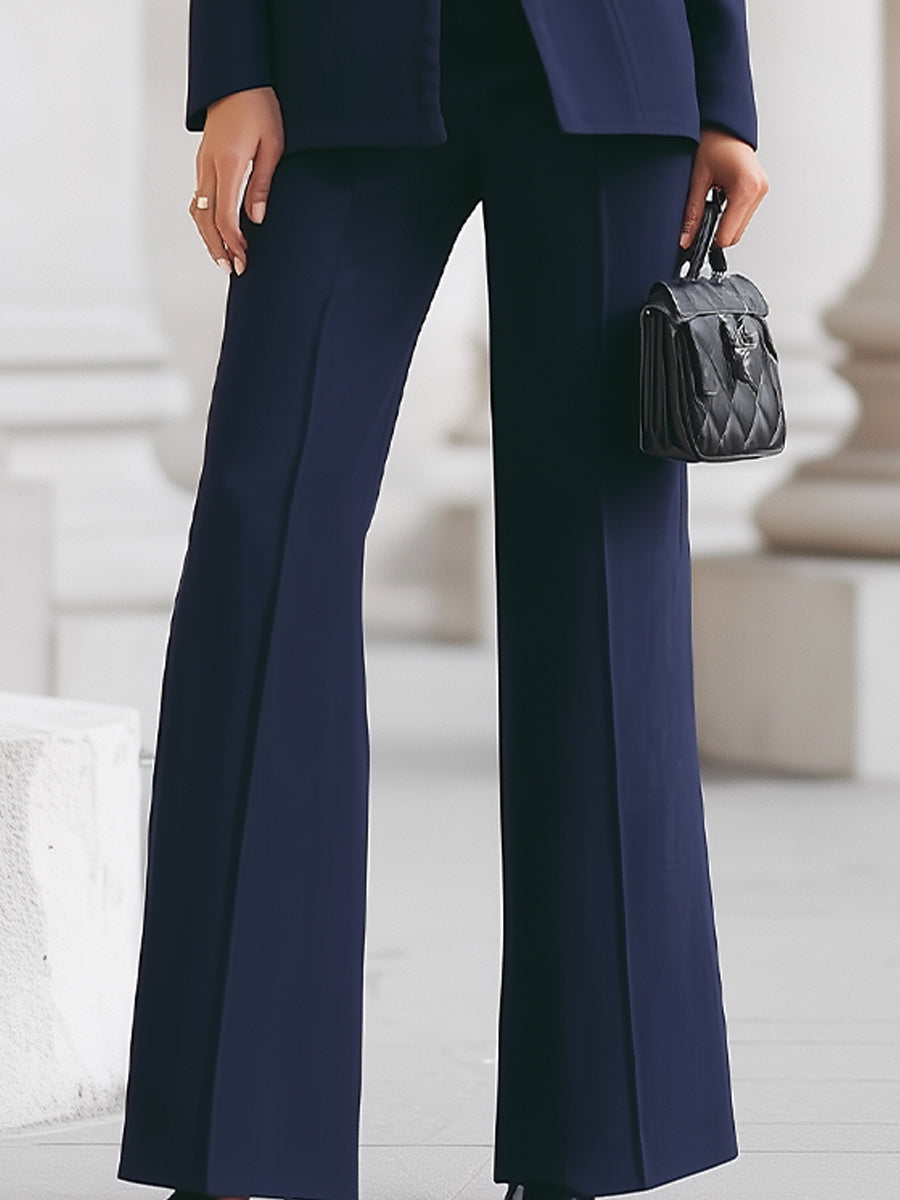 Navy Blue Set with High-Collar Blazer and Wide-Leg Pants