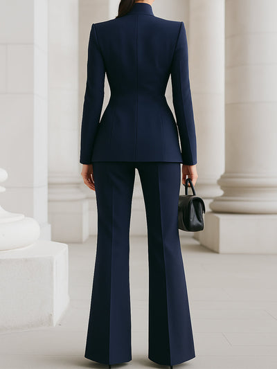 Navy Blue Set with High-Collar Blazer and Wide-Leg Pants
